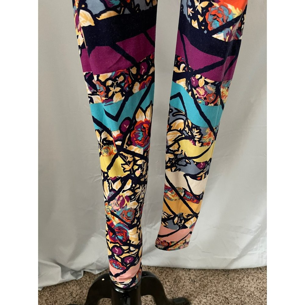 LuLaRoe Striped Rose Diamond Print Colorful Soft Stretch Leggings/Pants - Picture 7 of 8